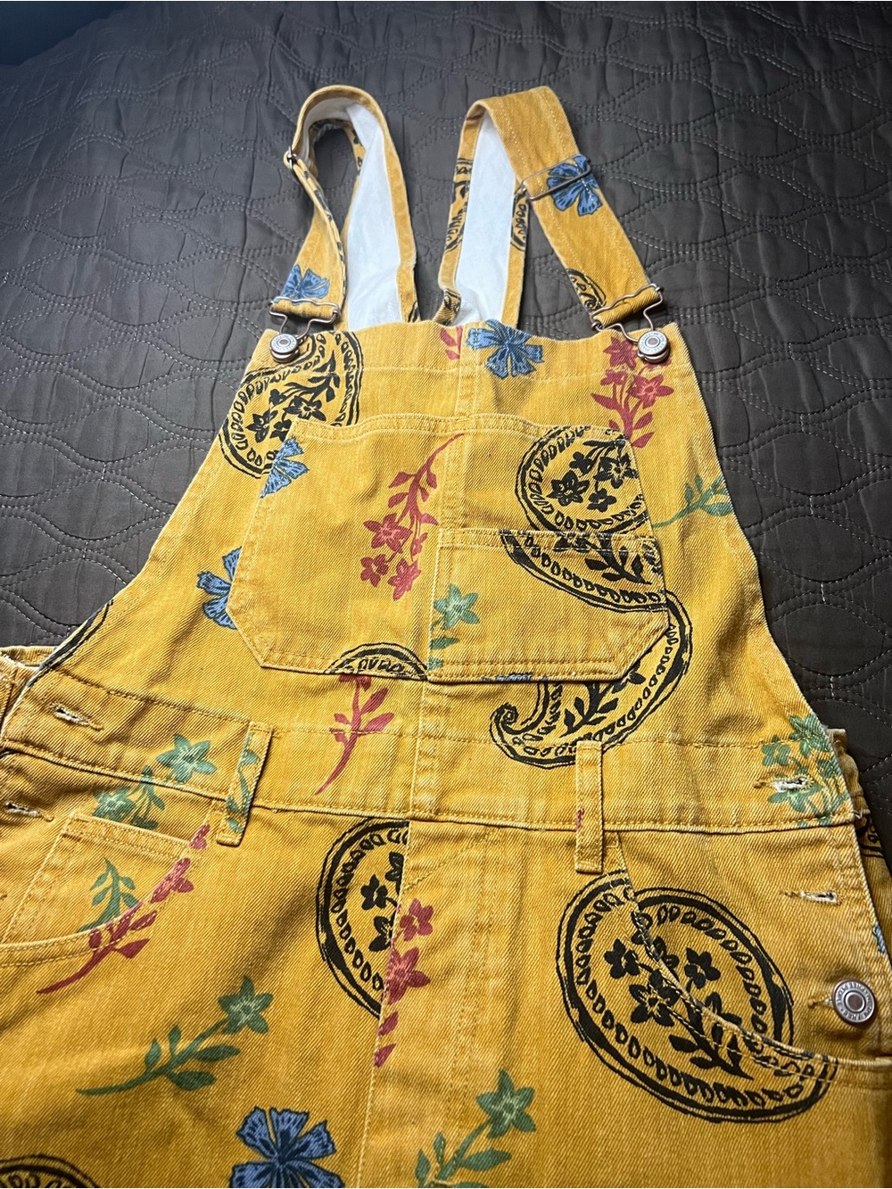We The Free Mustard Yellow Floral Paisley Short Overalls - Picture 2 of 8